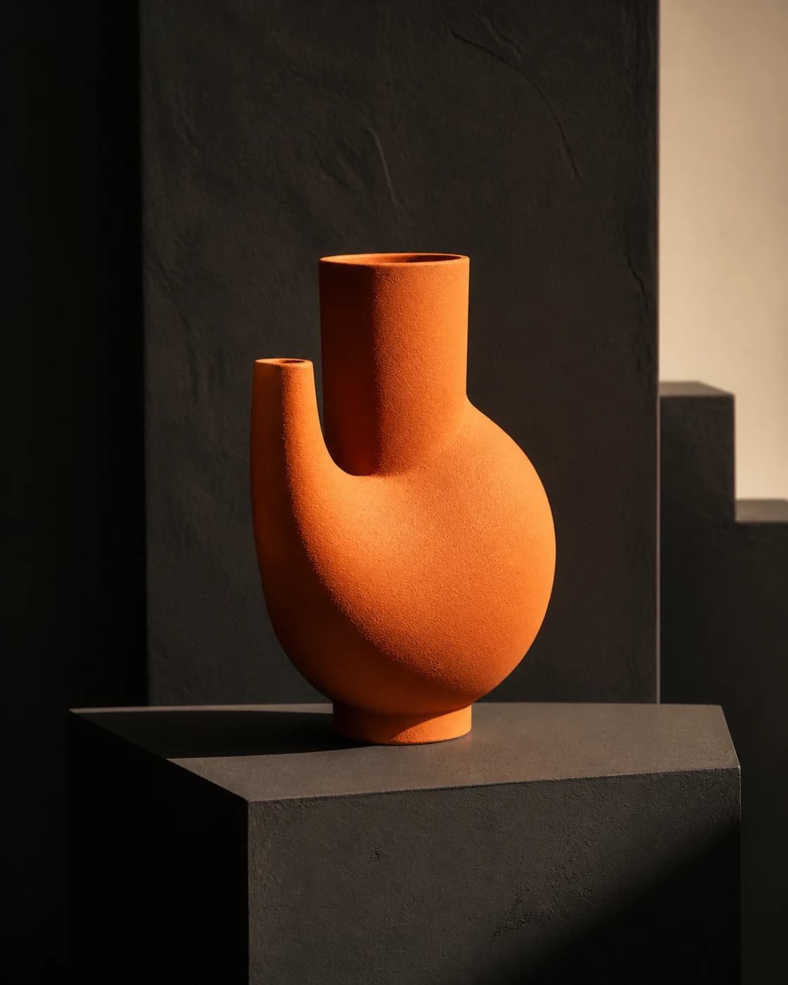 Geometric orange vessel on a charcoal studio set