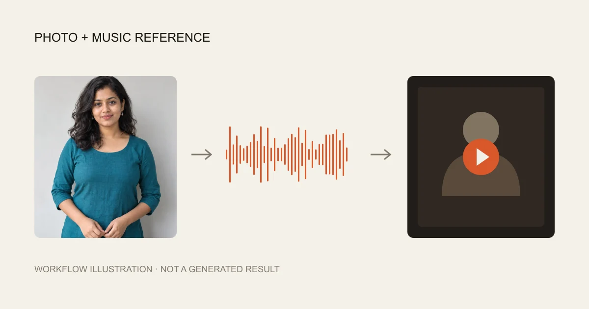 Workflow illustration combining a fictional portrait, music waveform and short video frame