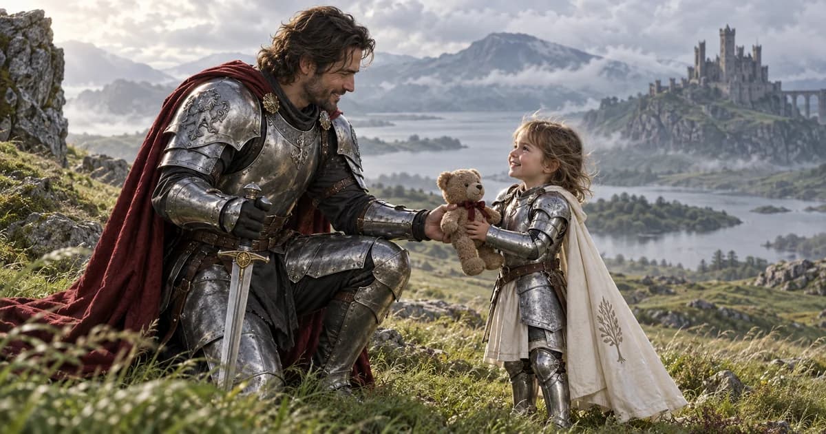 Parent chevalier fictif agenouillé offrant un ourson à un enfant en armure de costume