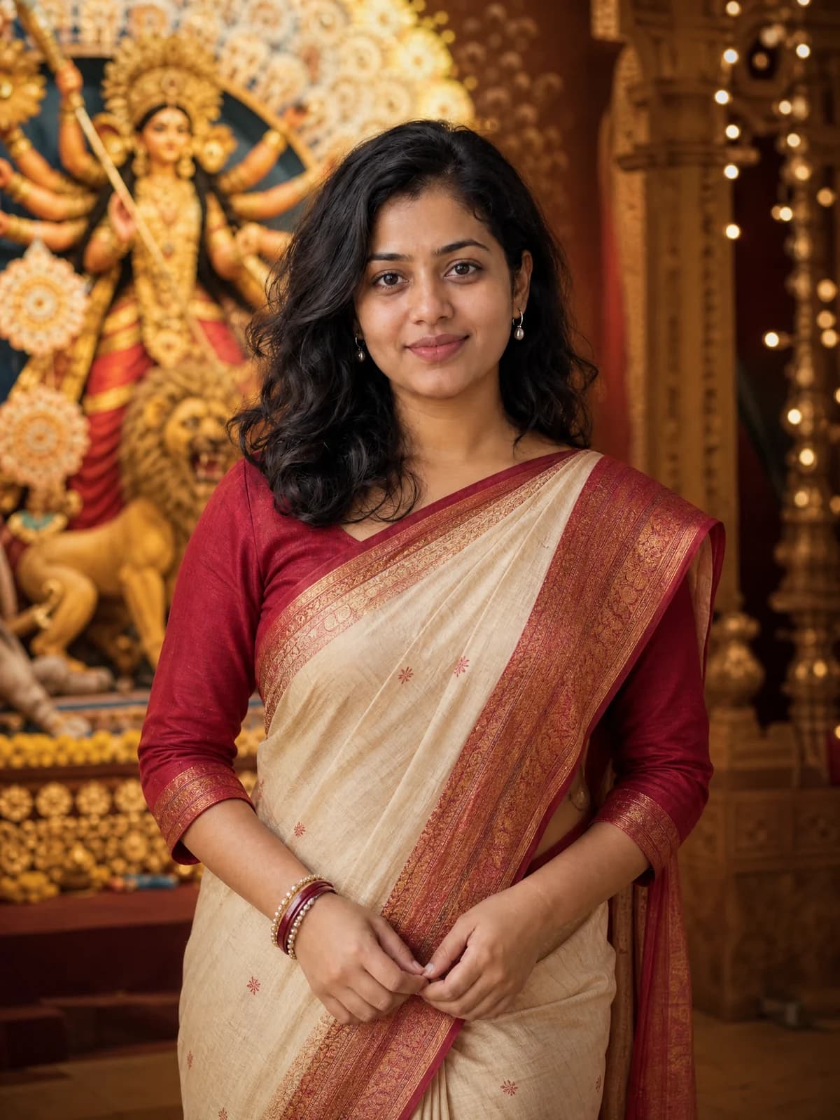 Portrait Durga Puja avec lumières de pandal bengali et tenue festive