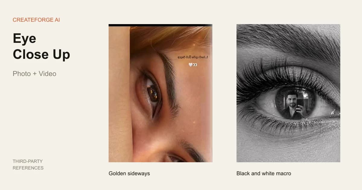 Ojos girados con luz dorada y un ojo monocromo con reflejo, de referencias de terceros