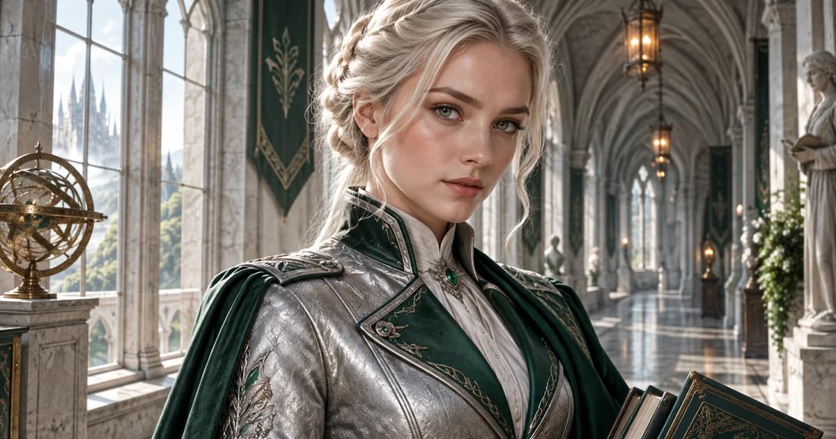 Adulta immaginaria dai capelli platino e abito accademico argento e smeraldo