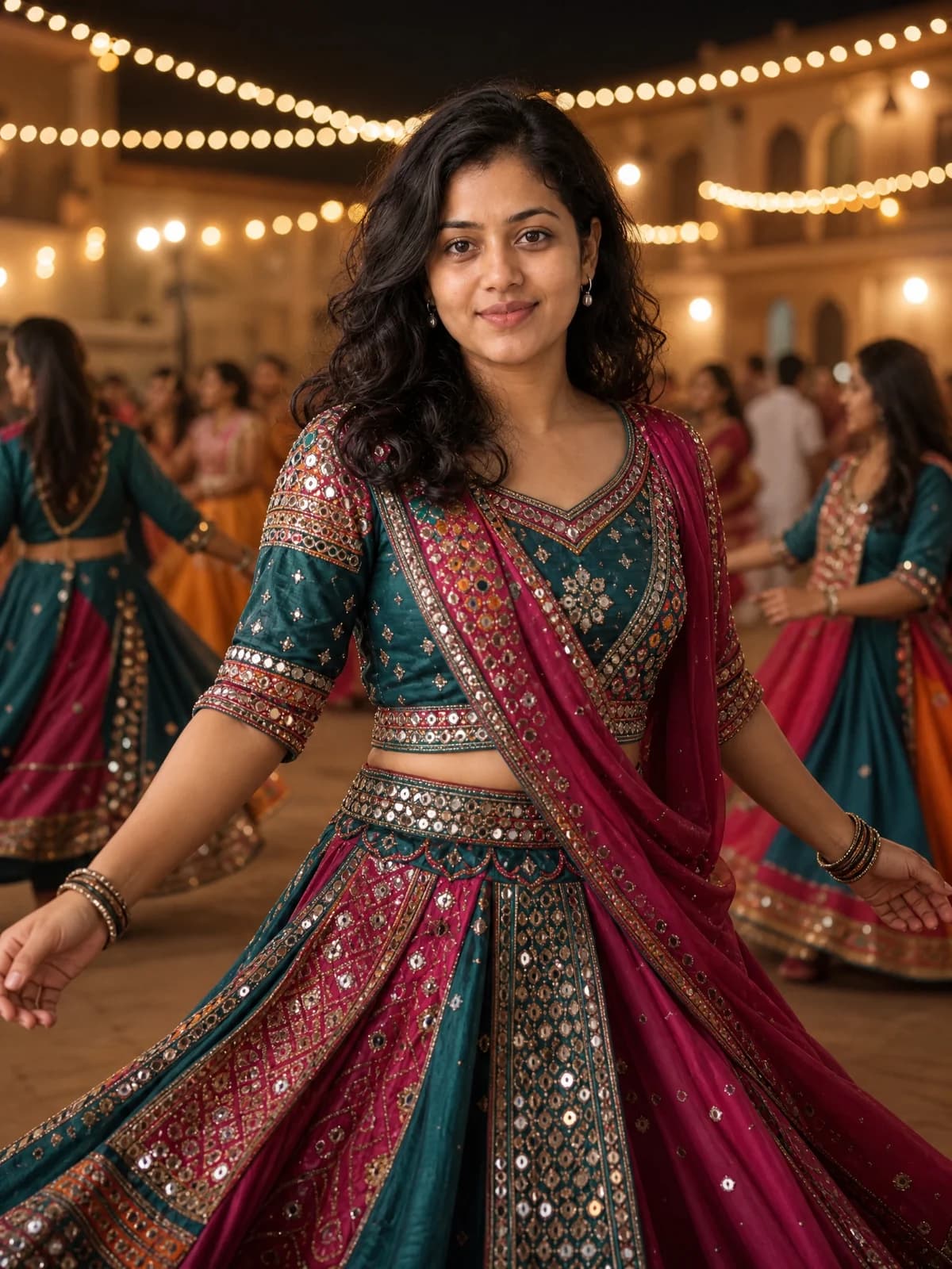 Portrait Garba avec broderie miroir et lumières de cour